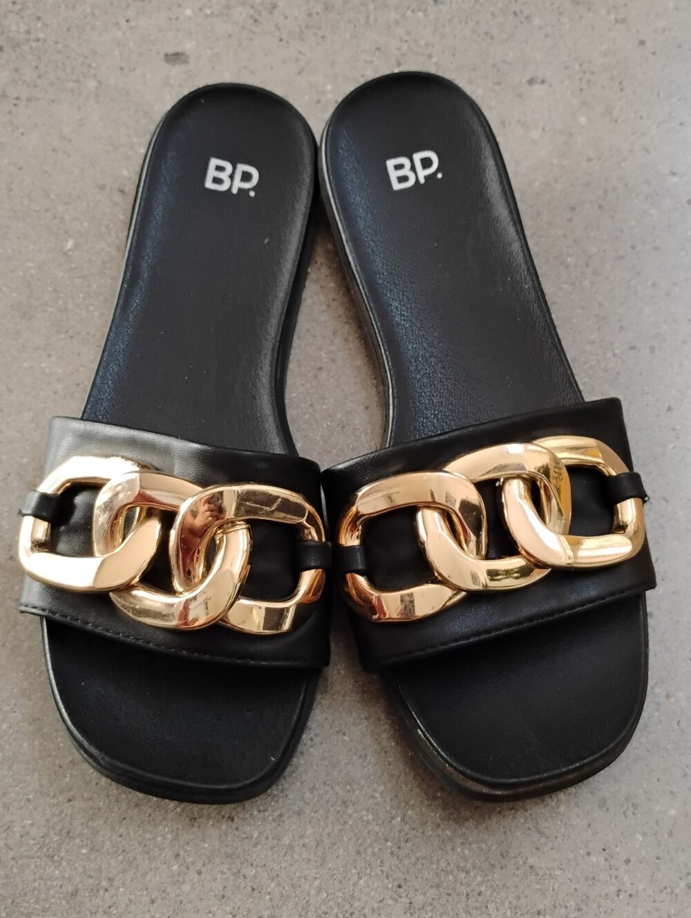 BP Serrafina Black Slide Sandals with Chunky Gold Chain Detail